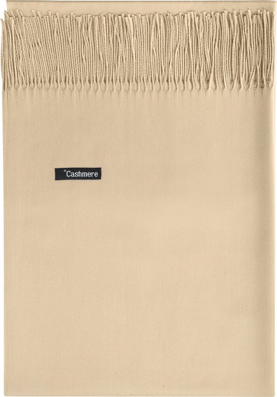 Beige kasjmier sjaal met franjes en een zwart label met 'Cashmere'.