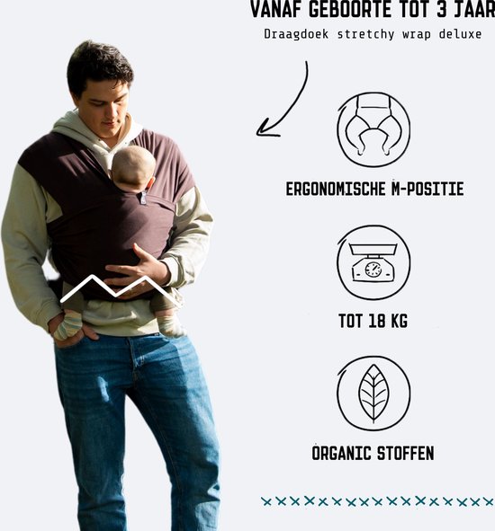 ByKay Stretchy Deluxe - rekbare draagdoek voor newborn - ergonomisch - tot 18kg - 100% biologisch katoen - chocolade bruin - maat M — afbeelding 2