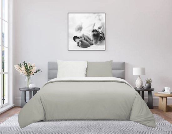 DoubleDry Dekbedovertrek 100% Percal Katoen - Eenpersoons 140x200/220 cm + 1 Kussensloop - Zacht, Ademend en Huidvriendelijk - Greige/Wit van DoubleDry — afbeelding 4