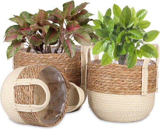 KMERCE Grote Gevlochten Plantenmand, Bloempot Korb 25cm Diameter, Overpot voor Kamerplanten, Bloemenmand Indoor, Overpot Korb Groot Binnen Boho, Geweven Plantenpot met Handgrepen