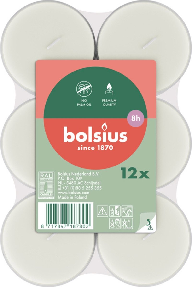 Bolsius Maxi - Theelichten - 12 stuks per verpakking - Clear cup - Brickpack Wit