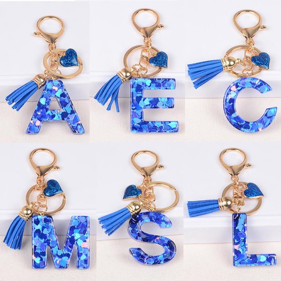 MWOOT Initiële letter M sleutelhanger hars alfabet sleutelhangers, blauwe bloemblaadjes goudfolie sleutelhanger charme met vlinder kwastje hanger, Kawaii sleutelhanger voor vrouwen cadeau-ideeën