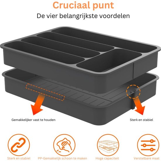 Lifewit Bestek Lade Organisator, Uitbreidbare Bestekbak voor Keukenlade, Verstelbare Houder voor Keukengerei en Zilverwerk, Plastic Besteklepels Vorken Messen Houder Opbergvak, L, Zwart