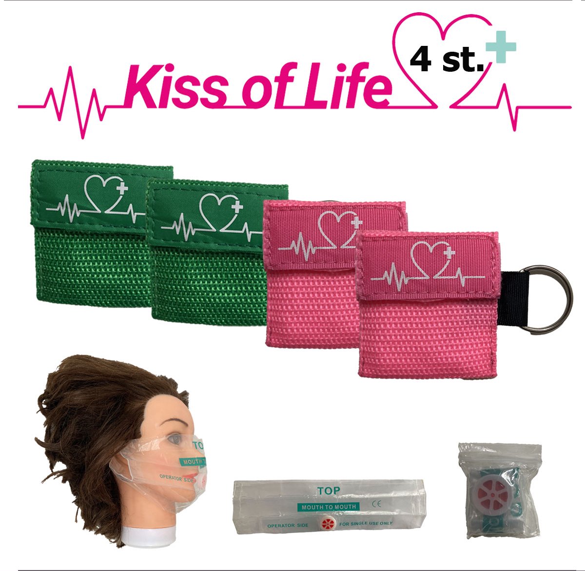 Reanimatiemasker | Kiss of Life | Reanimeren | Beademingshulpmiddel | Sleutelhanger met ring | 2x Groen - 2x Roze