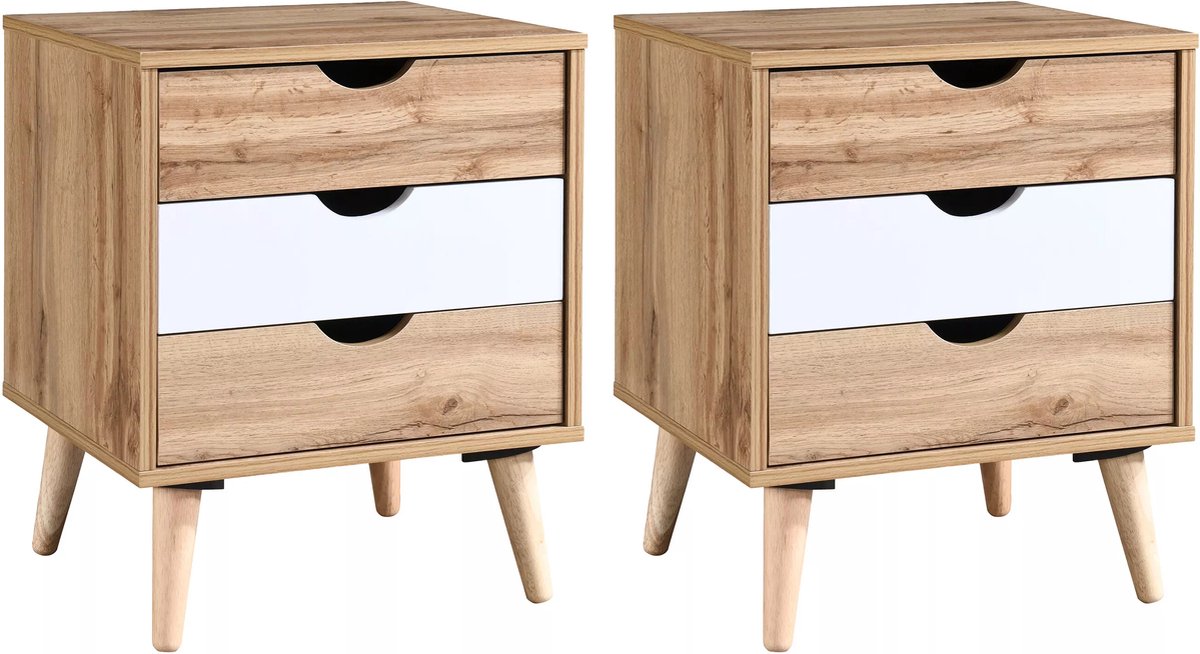 Vente-unique Set van 2 nachtkastjes met 3 lades - Kleuren: houteffect en wit - LURVIA Natuurlijk licht, Wit