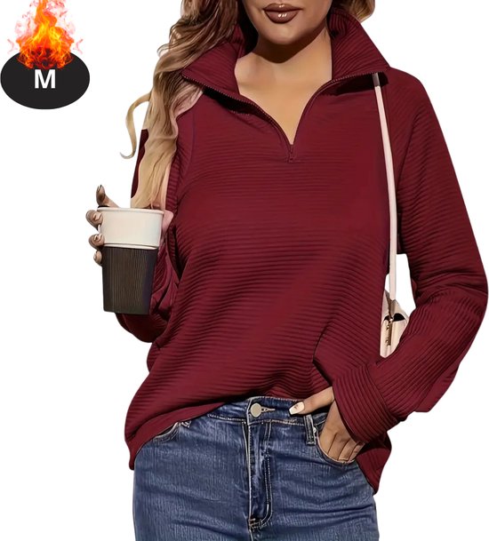 Nivard Quarter Zip Dames - Sweater - Sweaters - Hoodie - Warme Trui - Vest - Lang - Coltrui - Bordeauxrood - M