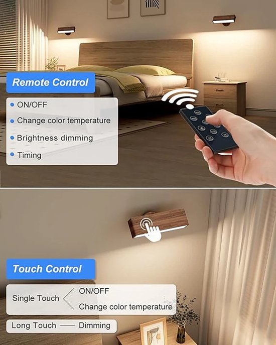 RM Store® - LED Wandlamp - Draagbare Nachtlampje - Leeslamp - Touch Control - 3 Kleuren - USB Opladen - 20 x 3 x 20 cm. van RM Store® — afbeelding 3