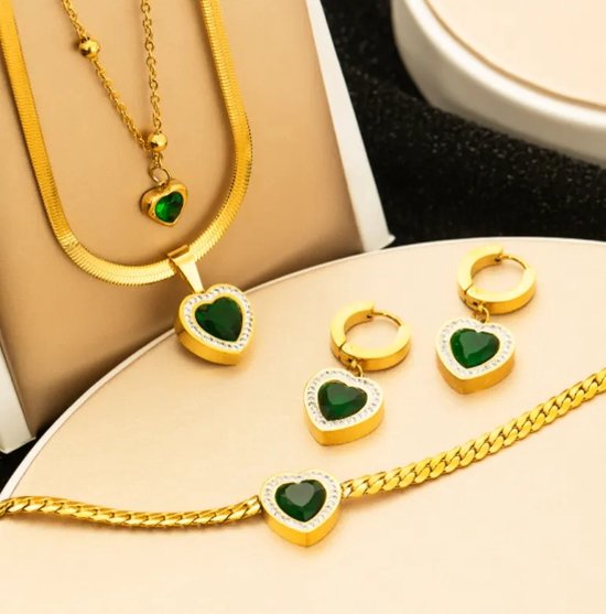 Darenci Dare Ensemble de bijoux de Luxe 3 pièces – Collier, bracelet et Boucles d'oreilles en forme de cœur dorés avec zircone verte – Cadeau Perfect pour les femmes