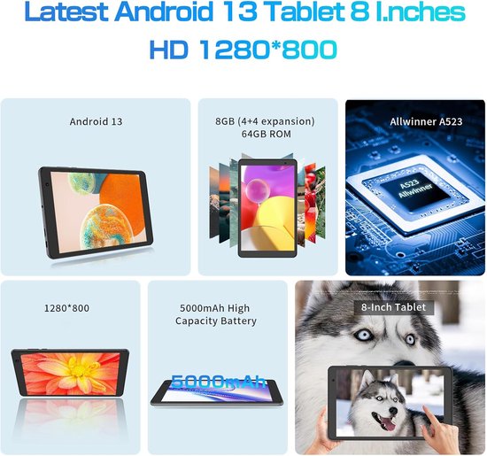 Elementkey Ai-8 Pro TAB8 - Tablette Android 8 pouces | 128 Go de stockage, 8 Go de Ram - Wi-Fi, Bluetooth 5.2 | Puissant et portable