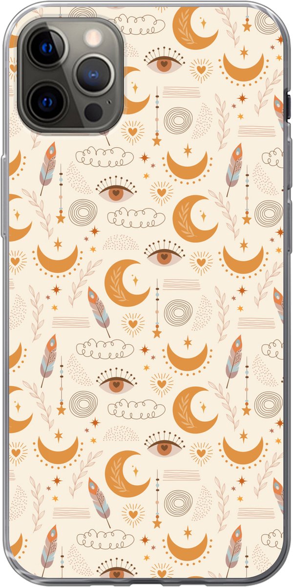 Telefoonhoesje Geschikt voor iPhone 13 Pro Max hoesje - Boho - Print - Ogen - Maan - Veren - Beige - Siliconen Telefoonhoesje Telefoonhoesje