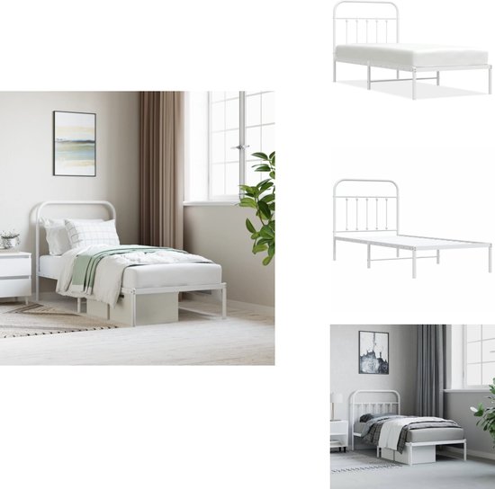 vidaXL Bedframe met hoofdbord metaal wit 75 x 190 cm, eenpersoonsbed, slaapkamer meubel, ledikant, bed, bedombouw, metalen bedframe, logeerbed