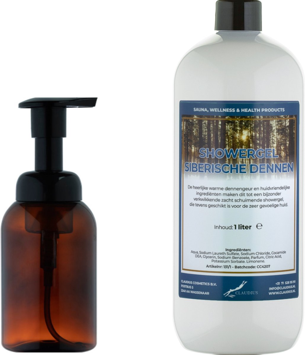 Goedkoopste Zeepdispenser 300 ml amber bruin hervulbaar 1 liter Showergel Siberische Dennen navulling
