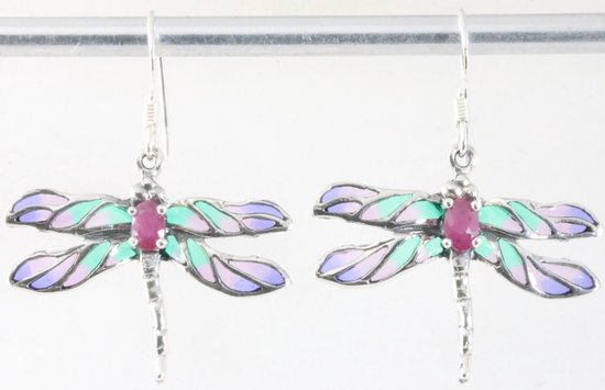 Boucles d'oreilles libellule en argent avec émail et rubis
