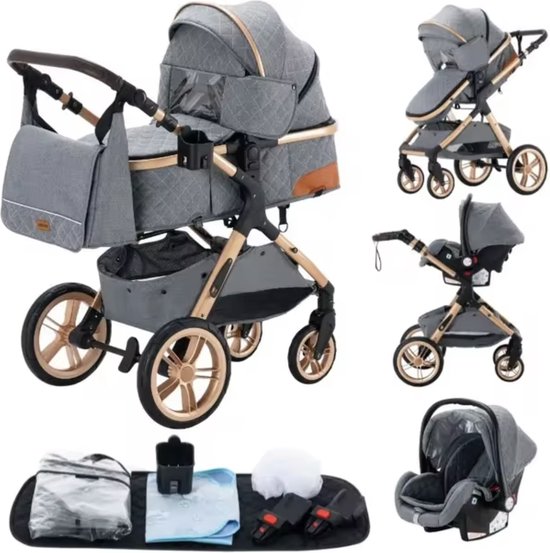 Grijze kinderwagen met goudkleurige details, inclusief reiswieg, autostoel en accessoires.