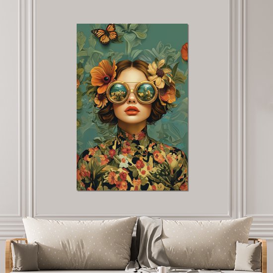 Tableau aluminium 100x150 cm - Décoration murale métal - Femme - Fleurs - Papillons - Nature - Vintage - Décoration murale métal salon - Décoration industrielle - Photo sur dibond - Accessoires industriels chambre