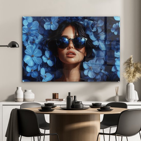 MuchoWow® Peinture sur verre 120x80 cm - Peinture sur verre acrylique - Femme - Blauw - Fleurs - Papillons - Nature - Photo sur verre - Décoration murale salon - Décoration murale chambre - Peintures