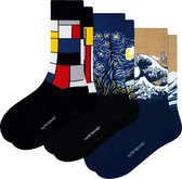 Kunst sokken - Bestverkochte 3-pack: Van Gogh, Hokusai, Mondriaan - Sokken Dames 36 40 - Biologisch Katoenen Sokken - funny socks happy - Vrolijke Sokken - Grappige Sokken - Sokken Cadeau