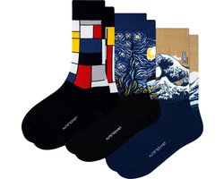 Kunst sokken - Bestverkochte 3-pack: Van Gogh, Hokusai, Mondriaan - Sokken Heren 41 46 - Biologisch Katoenen Sokken - funny socks happy - Vrolijke Sokken - Grappige Sokken - Sokken Cadeau