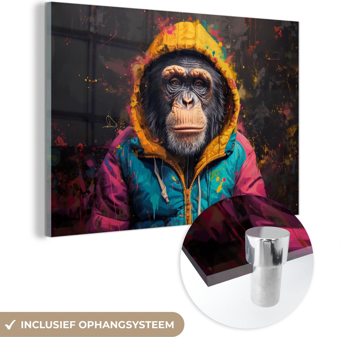 MuchoWow® Glasschilderij 150x100 cm - Schilderij acrylglas - Graffiti - Chimpansee - Jas -