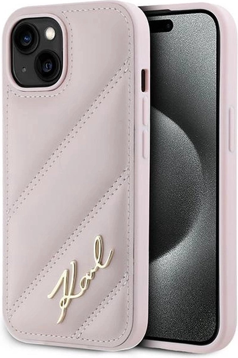 Karl Lagerfeld Diagonal Quilted Script hoesje voor iPhone 14/15/13 - roze