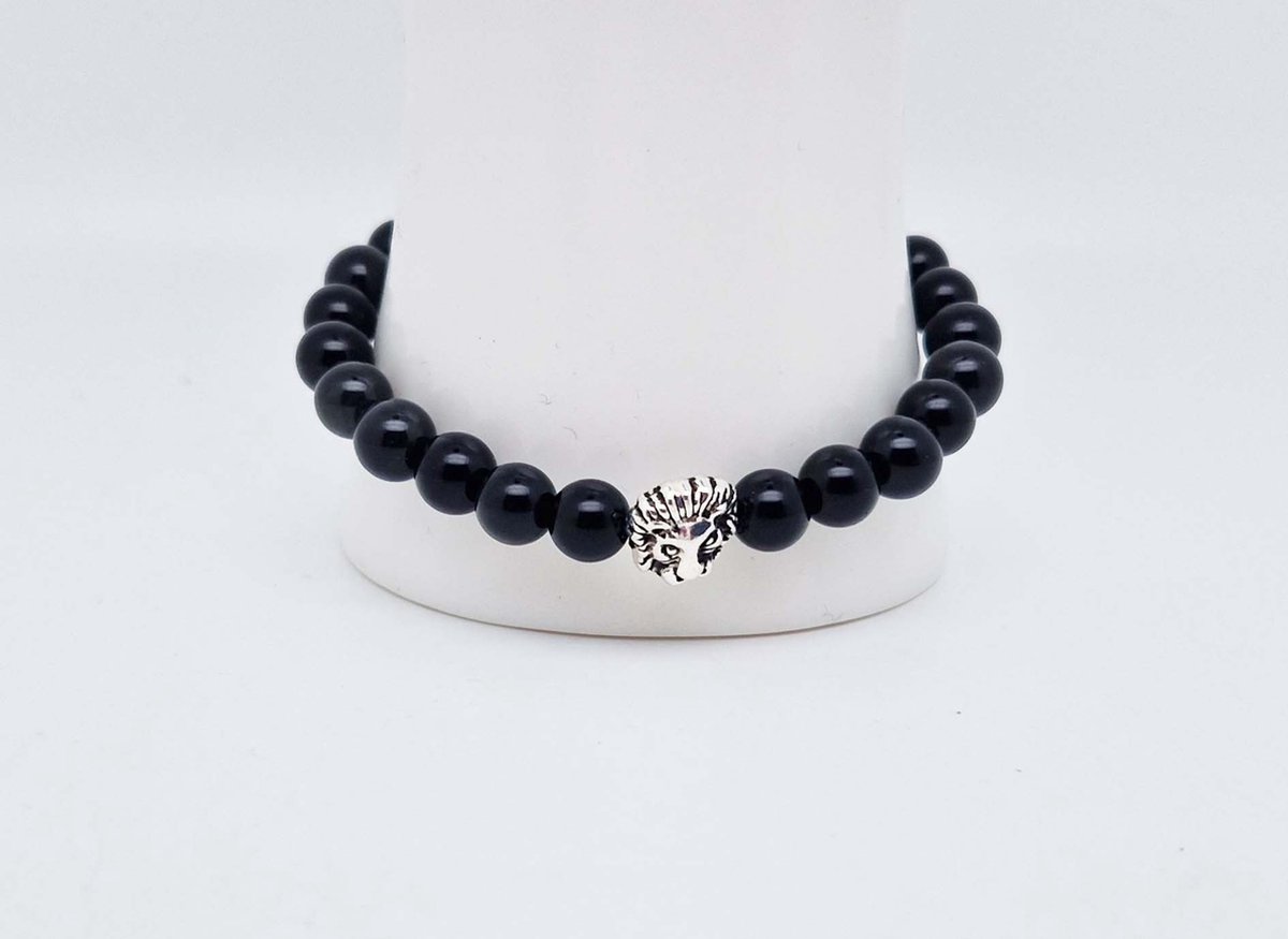 Handgemaakte natuursteen armband met Metalen vorm - Model 16 - "Obsidian" -8 mm diameter van de korrel- Diameter armband 20 cm - Een mooi cadeau voor familie en vrienden