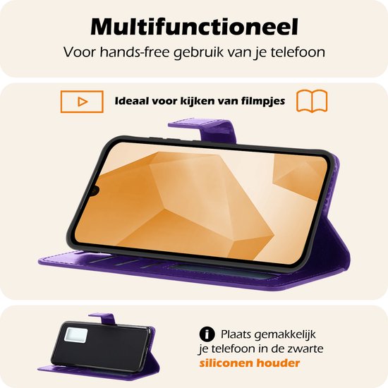 Paarse telefoonhoes open, in hands-free modus, met "Multifunctioneel" tekst.