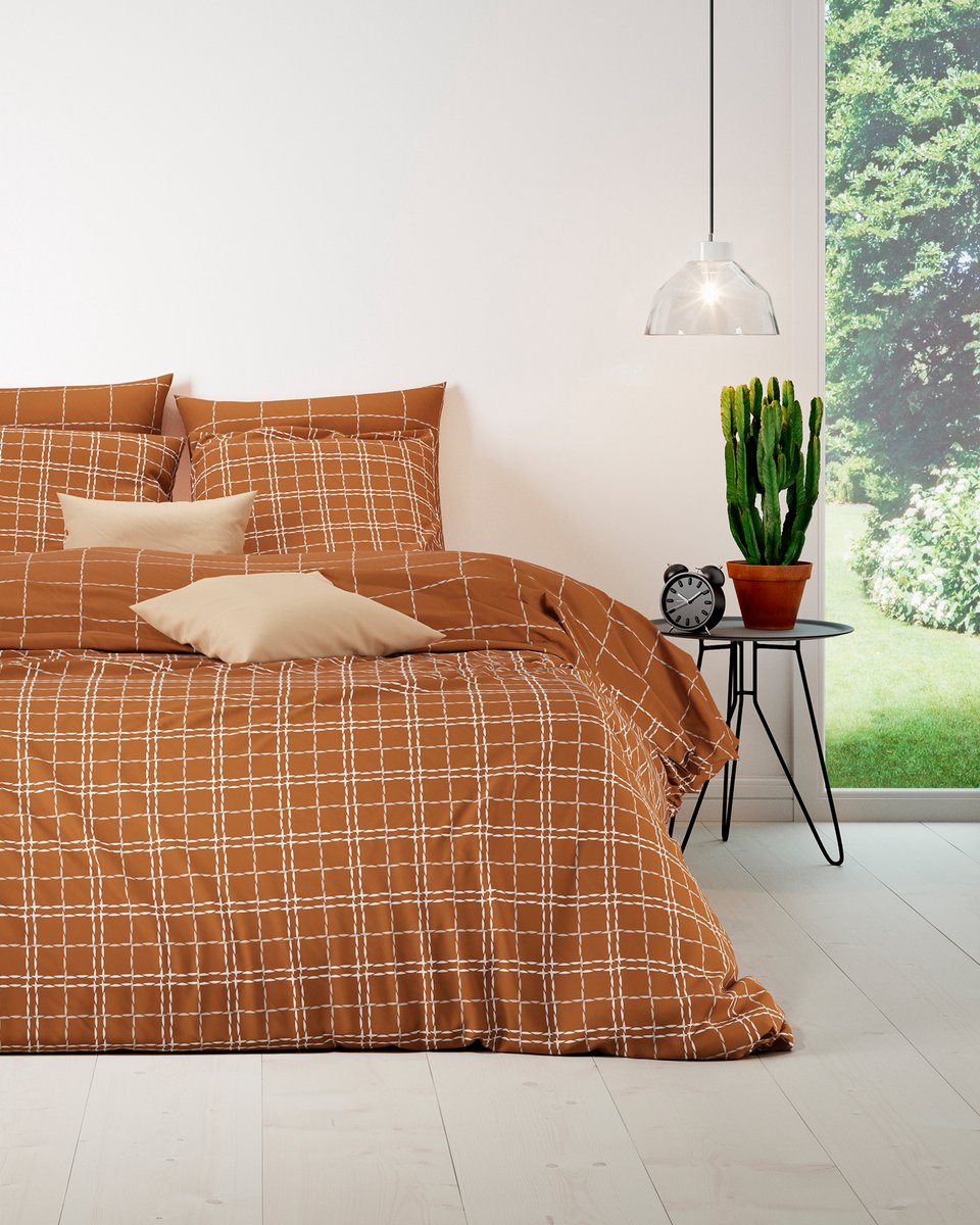 Mistral Home - DEKBEDOVERTREK - katoen renforcé - 260 x 240 cm + 2x 65 x 65 cm - extra breed - ruiten - roest