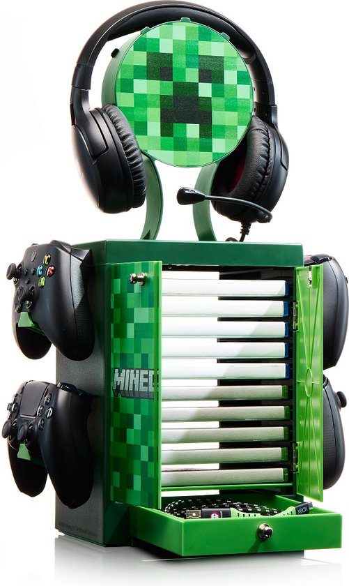 Numskull - Minecraft - Meuble de rangement de jeux inspiré du Creeper pour 4 manettes - 10 jeux - 1 casque