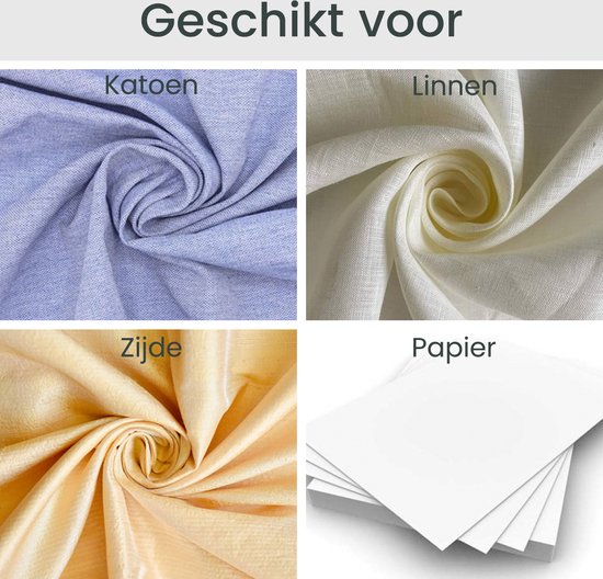 Vier stoffen: katoen, linnen, zijde en een stapel papier.