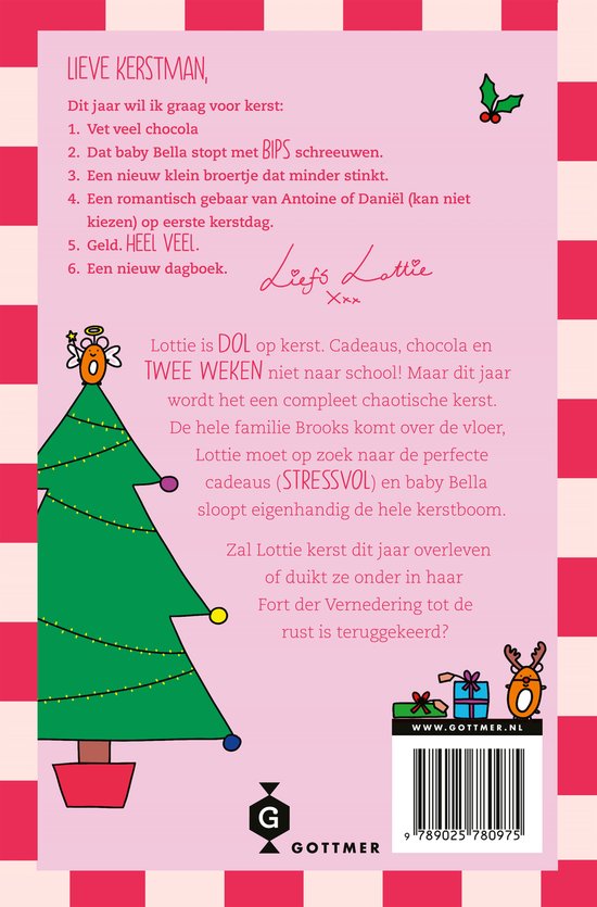 Achterkant boek 'De krankzinnige kerst van Lottie' met kerstboom, cadeaus en tekst over Lottie's chaotische kerst.