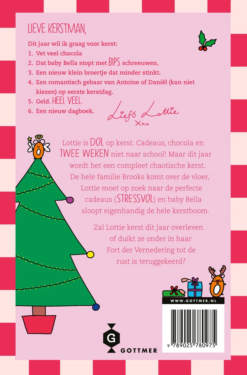Achterkant boek 'De krankzinnige kerst van Lottie' met kerstboom, cadeaus en tekst over Lottie's chaotische kerst.