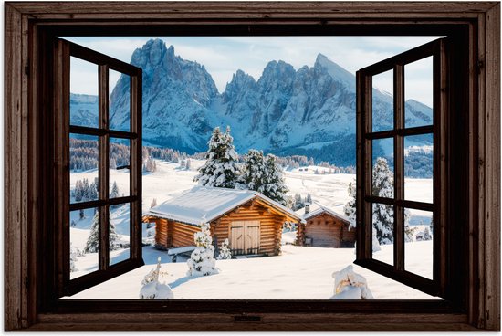 Poster 90x60 cm - Doorkijk - Winter - Landschap - Huisje - Bergen - Posters - Kamer decoratie - Wanddecoratie woonkamer - Muurdecoratie slaapkamer