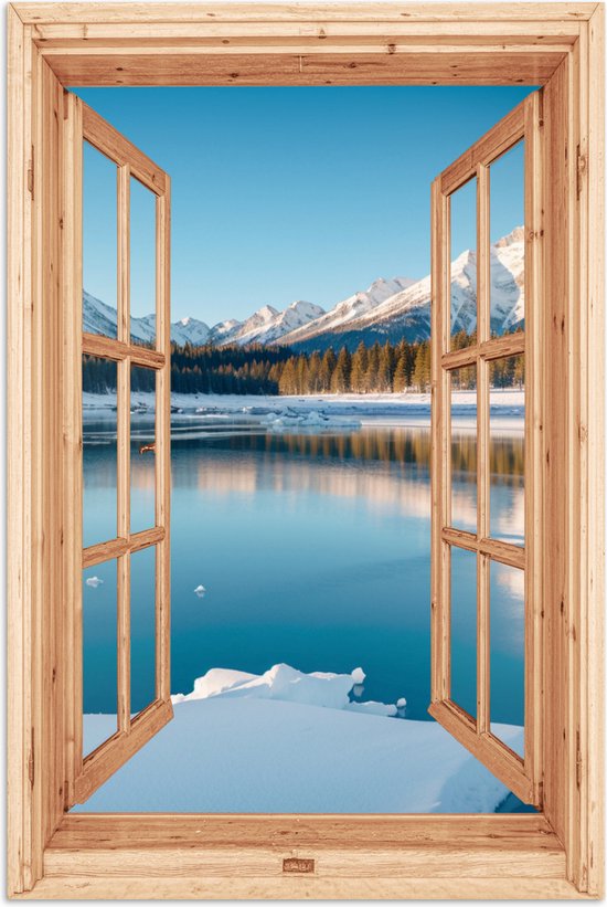 Poster 60x90 cm - Doorkijk - Landschap - Winter - Meer - Bergen - Uitzicht - Posters - Kamer decoratie - Wanddecoratie woonkamer - Muurdecoratie slaapkamer