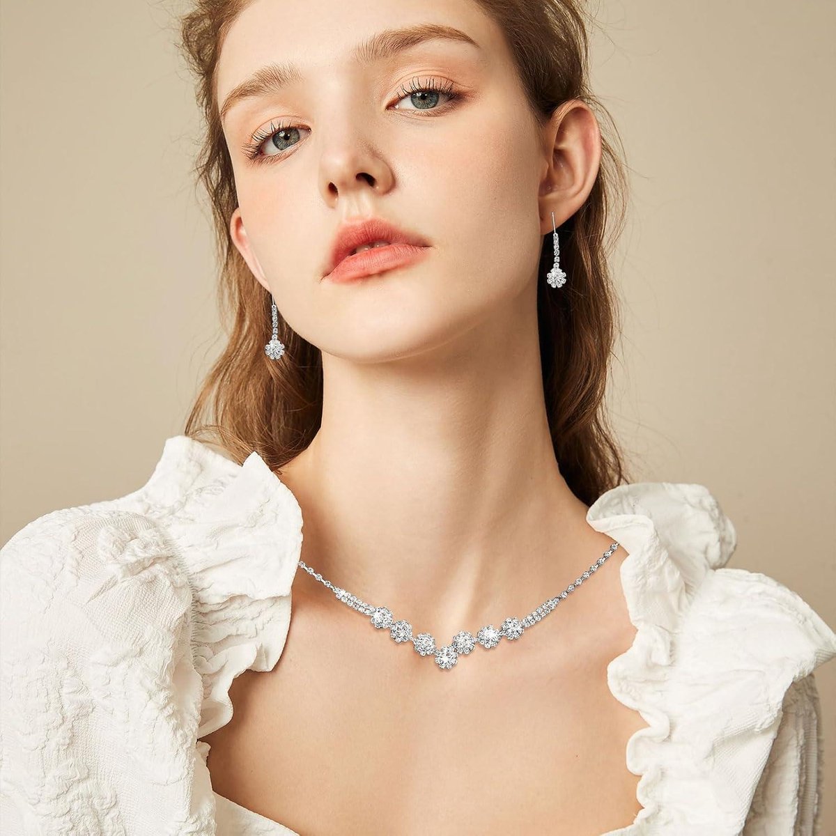 Dames Bruids Sieraden Set Zilver Kleur Strass Ketting Oorbellen Bruiloft Generatie