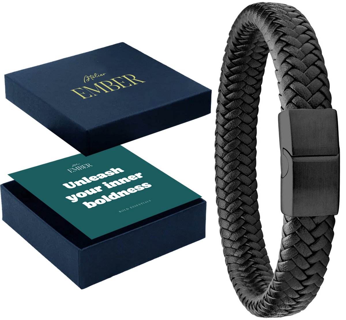 Atelier EMBER - Cadeau voor Man - Handgemaakte Leren Armband Heren Zwart Gevlochten - Inner Boldness RVS Giftset - 20CM+1,5CM - Luxe Sieradendoos Cadeauset - Cadeautjes voor hem Mannen Verjaardag, Papa, Vriend, Vader, Opa Geschenkset