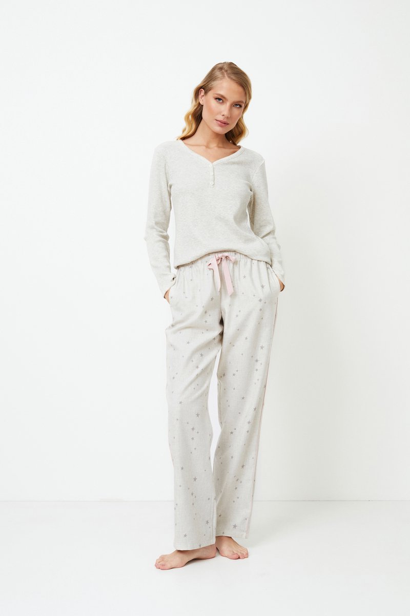 Aruelle Dames pyjamaset Doreen-T-shirt met lange mouwen-lange broek met sterrenmotief-lichtgrijs
