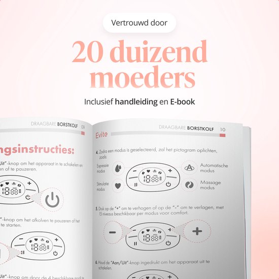 Evite Elektrische Draadloze Borstkolf Nova – Handsfree & Draagbaar – BPA-Vrij – Dubbele Borstkolf - Met E-Book – Inclusief Tas - Wit & Roze