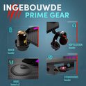 Overzicht van ingebouwde accessoires voor gaming bureau: bekerhouder, koptelefoonhouder, en kabelgoot met stekkerdoos.
