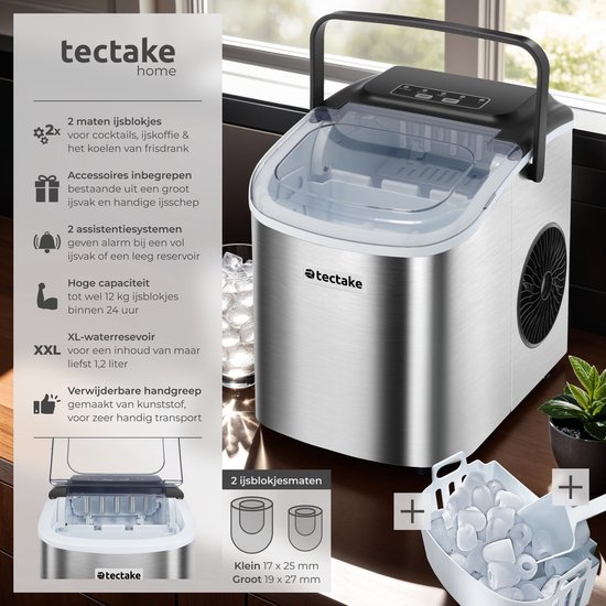 tectake® IJsblokjesmachine Arctic - 1,2L - 2 IJsblokjes Formaten - IJsmachine - Ice cube maker - IJsblokjesmaker met IJsschep - Zilver — afbeelding 2