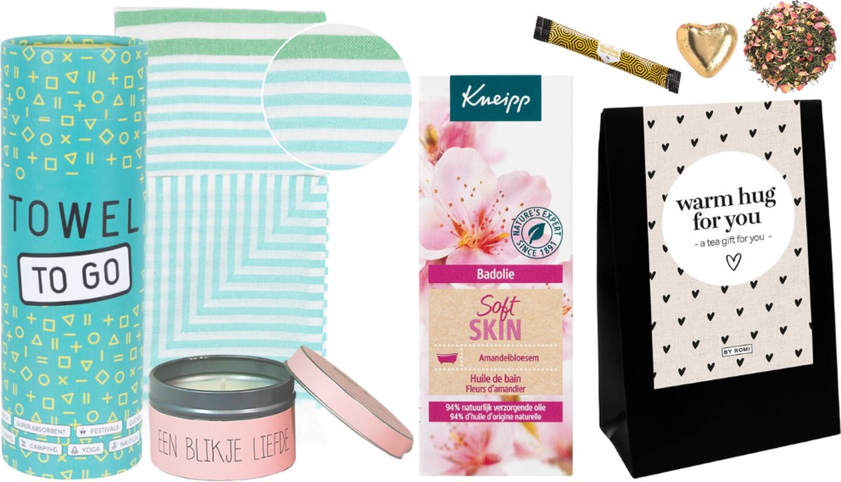 Goedkoopste Kneipp Cadeauset Bad Soft Skin Luxe Hamam Handdoek - Kneipp Bad Olie 100 ml Soft Skin - Towel To Go Hamamdoek Turkoois Groen - My Flame Kaars Blikje Een blikje Liefde