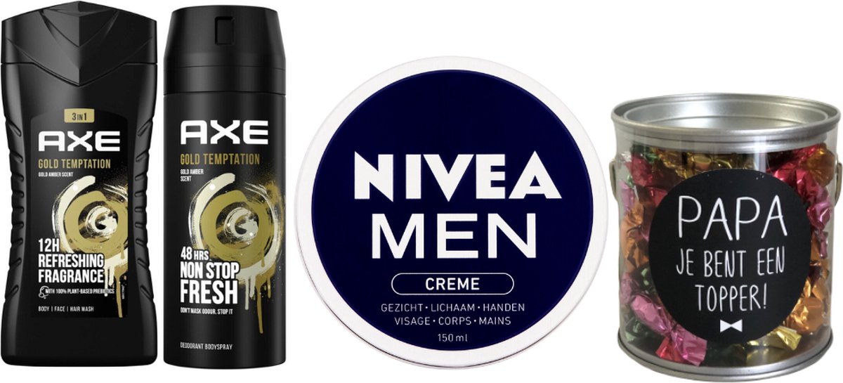 Goedkoopste Axe Cadeauset Gold Papa Topper & Nivea - Axe Deo Spray 150 ml Gold Temptation - Axe Showergel 250 ml Gold Temptation - Nivea Men Creme Blik 150 ml