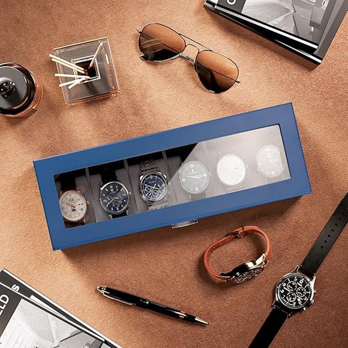 Houten horlogedoos voor heren, 6 vakken voor herenhorloges, houten horloge opbergetui voor heren, horloge-organizer met glazen deksel, 6 sleuven