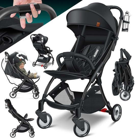 KIDIZ® Kinderwagen Premium kinderbuggy opvouwbare ligbuggy sportwagen opvouwbaar 360° wielen 5-punts gordel incl. bekerhouder en regenhoes, verstelbare rugleuning en zonnekap ravenzwart