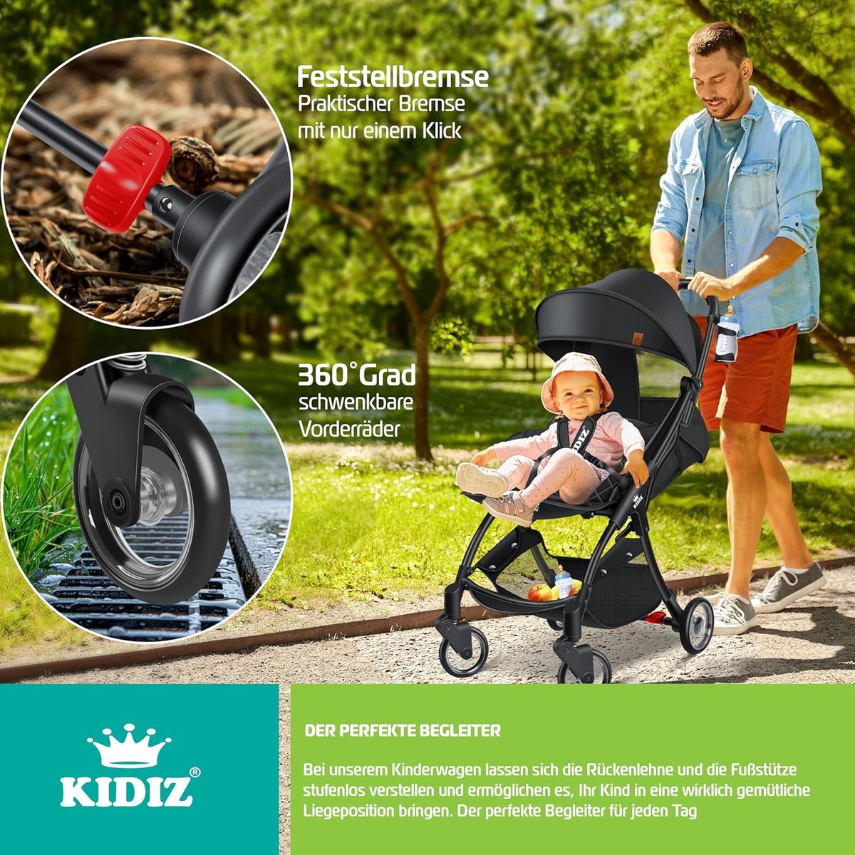 KIDIZ® Premium Kinderwagen Opvouwbare Buggy met 360° Wielen - afbeelding 2