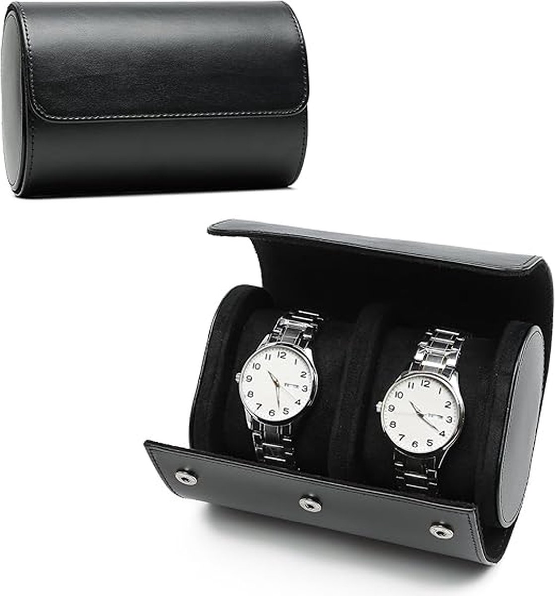 Luxe opbergdoos van kunstleer voor 2 horloges, zwart, organizer en display voor mannen en vrouwen, cadeau voor Kerstmis, verjaardag