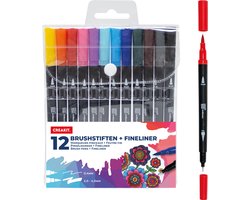 foto van CREAKIT Brushpennen Fineliner - 15 cm - Tekenpennen - Puntdikte 4 mm - Met Etui - Pennenset - 12 Kleuren
