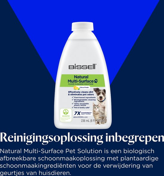 Fles BISSELL Natural Multi-Surface Floor Cleaning Solution met een hond en een kat.