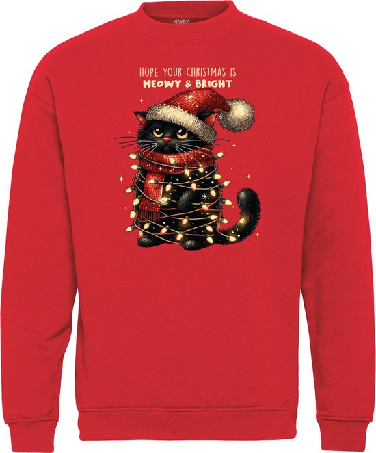 Kersttrui Kat Meowy & Bright | Foute Kersttrui Dames Heren | Kerstcadeau | Kerstpakket | Rood | maat S