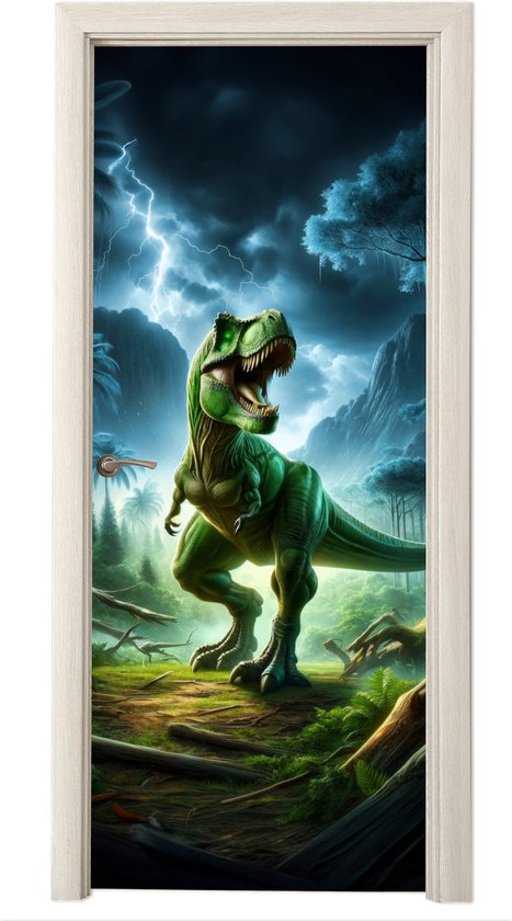 Deurposter 80x205 cm - Deursticker Dino - Jongens - Groen - Blauw - T-Rex - Meubelfolie zelfklevend - Deurfolie tienerkamer - Interieurfolie kinderkamer - Deur plakfolie - Deurbehang sticker - Kamer decoratie tieners