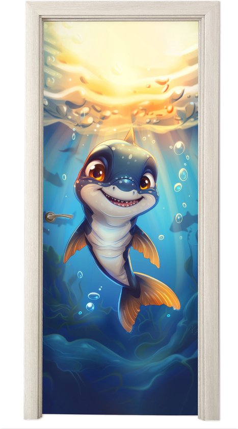 Deursticker met een vrolijke, cartoonachtige haai die zwemt in de oceaan, met zonnestralen die door het water schijnen.